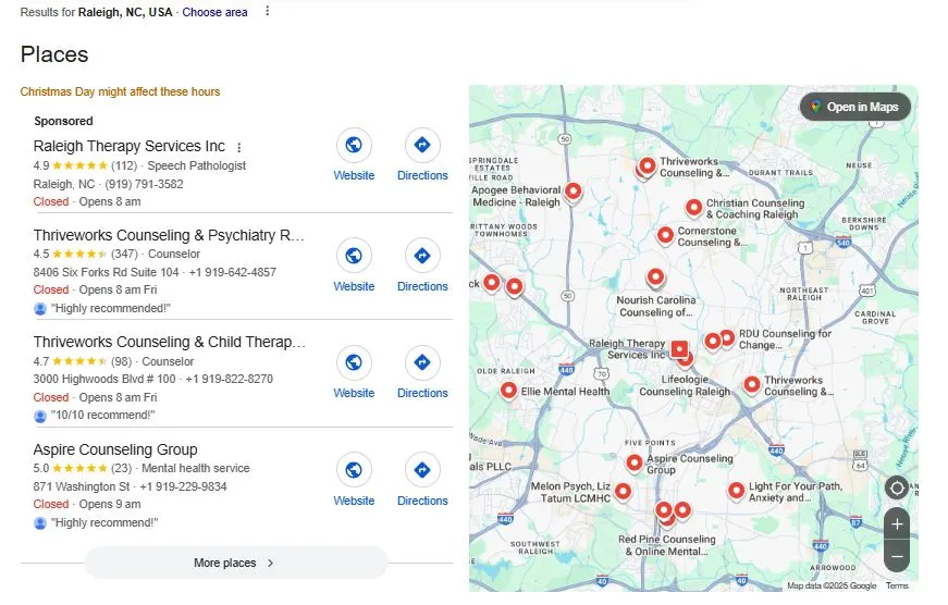Google search results for affordable therapist near me Raleigh