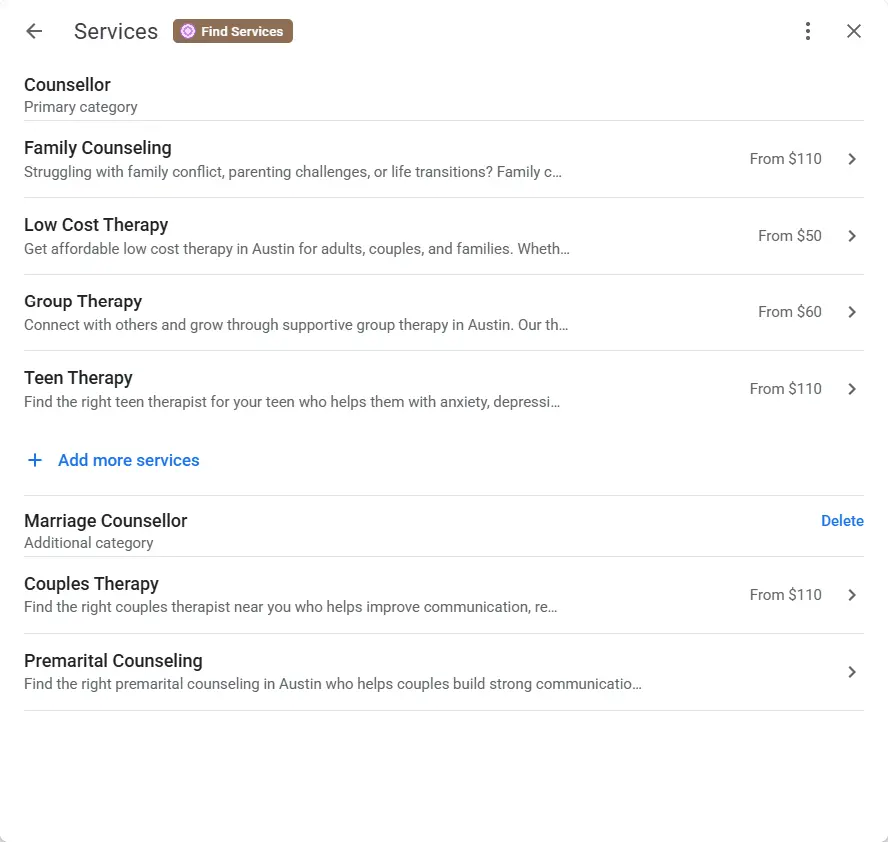 Services section on GBP